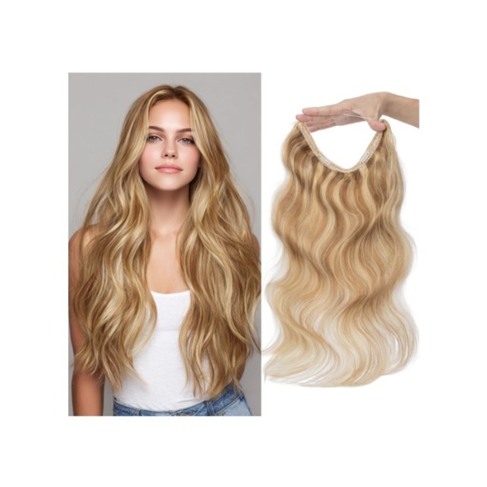 Charites 12in Wavy Invisible Wire Hair Extensions Remy Human Hair Golden Blonde